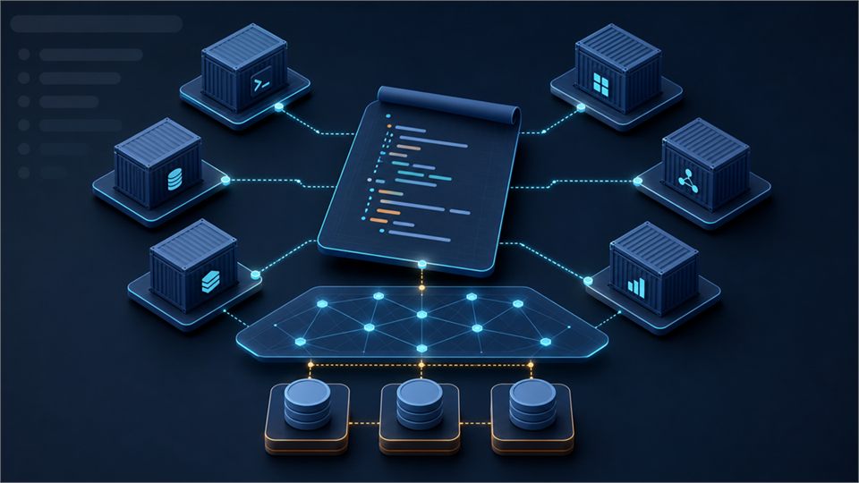 Docker Compose 파일이 여러 서비스와 네트워크와 볼륨을 구성하는 모습을 표현한 기술 커버 이미지