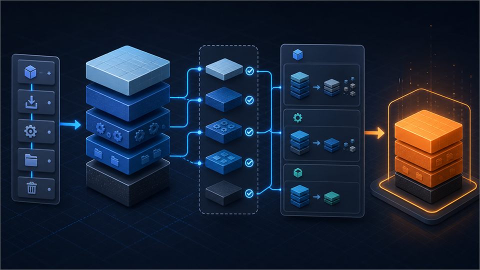 Dockerfile 명령이 이미지 레이어와 멀티스테이지 빌드로 이어지는 흐름을 표현한 기술 커버 이미지