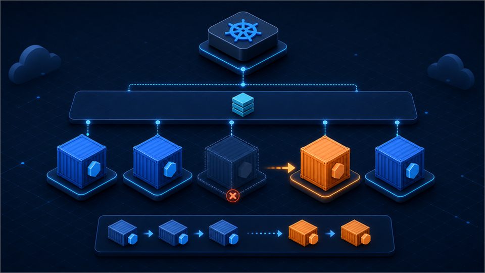 Kubernetes Deployment 가 ReplicaSet 을 통해 여러 Pod 를 유지하고 교체하는 흐름을 표현한 기술 커버 이미지