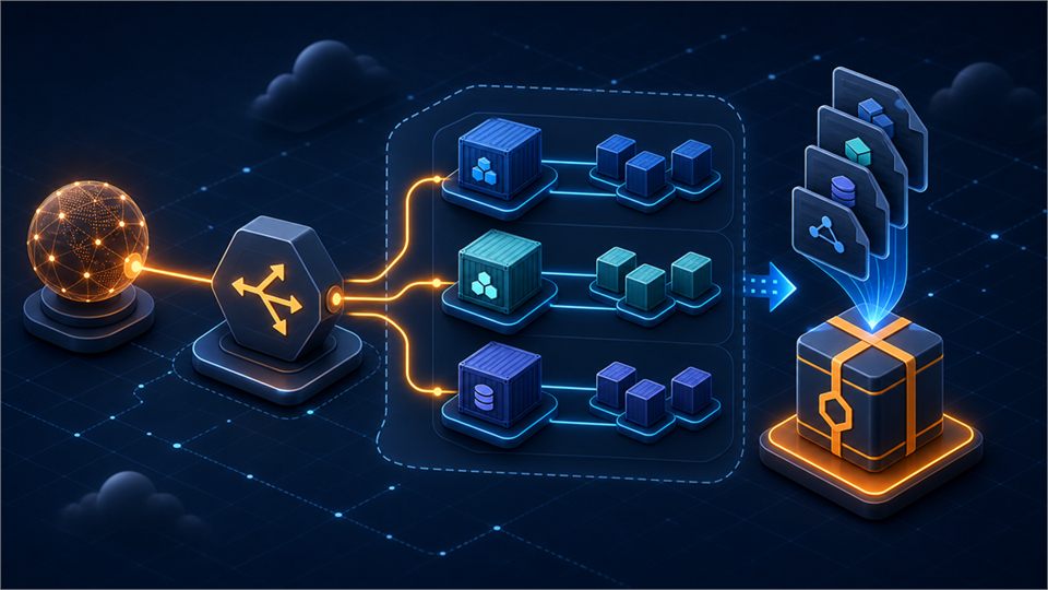 Kubernetes Ingress 가 외부 트래픽을 라우팅하고 Helm 이 매니페스트를 패키징하는 흐름을 표현한 기술 커버 이미지
