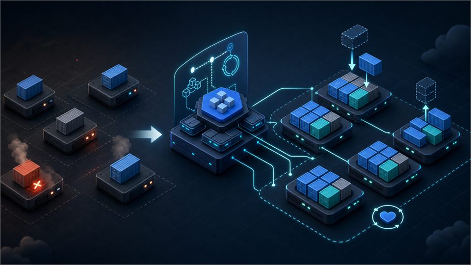 수동 Docker 컨테이너 운영이 Kubernetes 클러스터 오케스트레이션으로 정리되는 흐름을 표현한 기술 커버 이미지